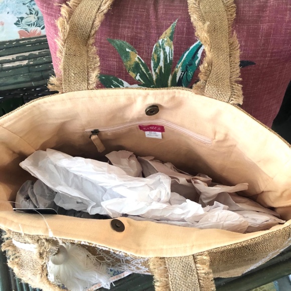 JUTE TOTE BAG ⭐️Bohemian Vibe Summer NAT/Wht Embroidered Design ⭐️Tassel NWT - Picture 5 of 9
